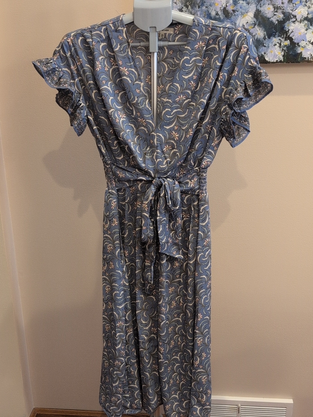 Max Studio Slate Blue Floral Tie-Front Midi Dress